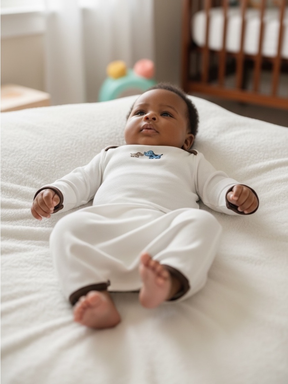 🎉 (0-3m) Little Me Long Sleeved Sleep Gown: Cream with Brown Trim + Embroidery